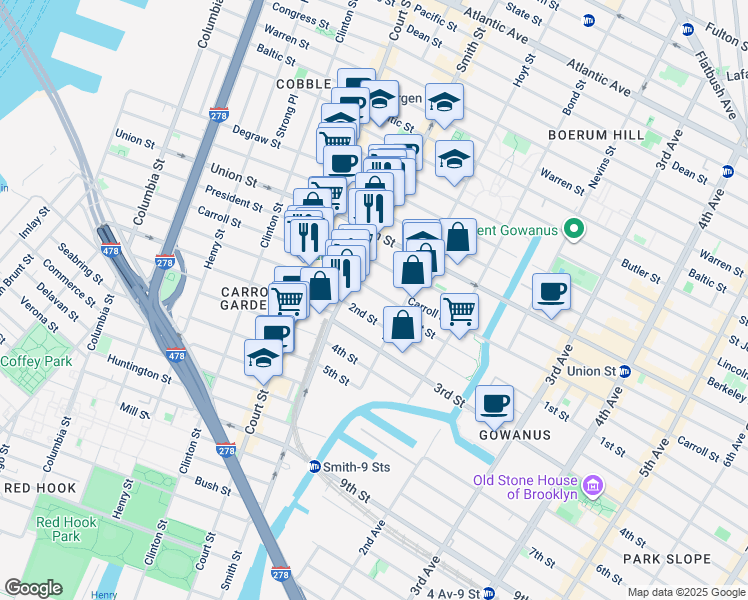 map of restaurants, bars, coffee shops, grocery stores, and more near 281 Carroll Street in Brooklyn