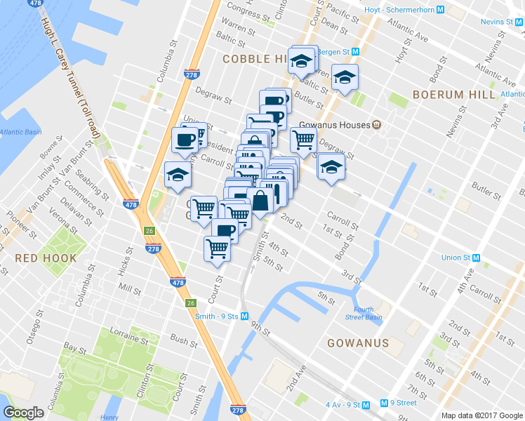 map of restaurants, bars, coffee shops, grocery stores, and more near 398 Court Street in Brooklyn