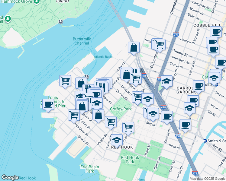 map of restaurants, bars, coffee shops, grocery stores, and more near 276 Van Brunt Street in Brooklyn