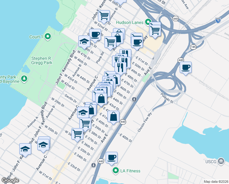 map of restaurants, bars, coffee shops, grocery stores, and more near 950 Broadway in Bayonne