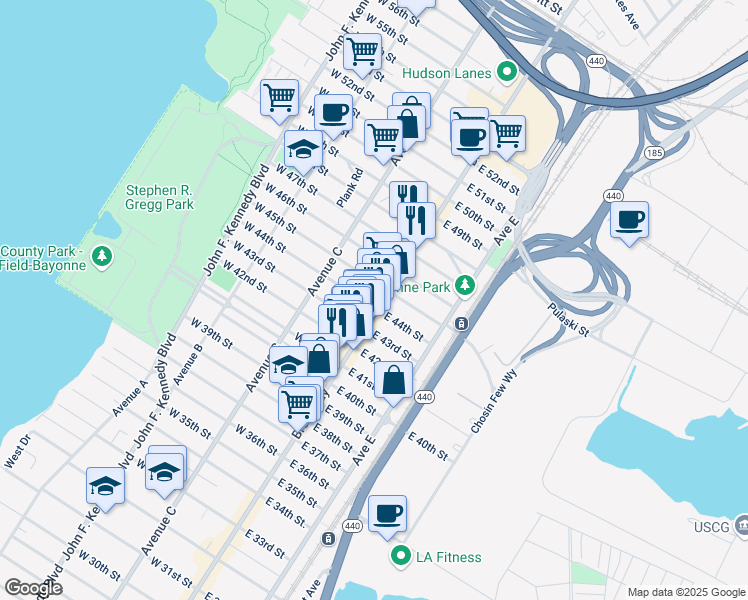 map of restaurants, bars, coffee shops, grocery stores, and more near 24 West 45th Street in Bayonne
