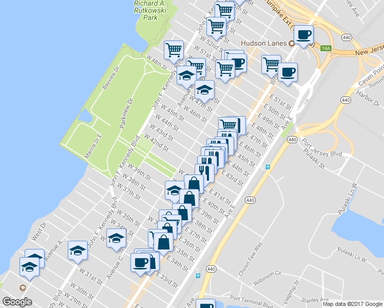 map of restaurants, bars, coffee shops, grocery stores, and more near 942 Avenue C in Bayonne