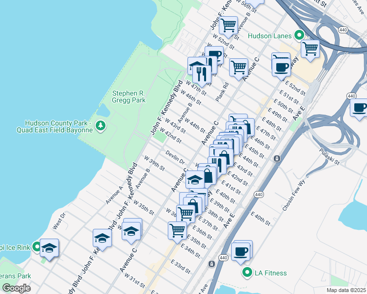 map of restaurants, bars, coffee shops, grocery stores, and more near 102 West 42nd Street in Bayonne