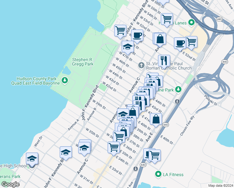 map of restaurants, bars, coffee shops, grocery stores, and more near 102 West 42nd Street in Bayonne
