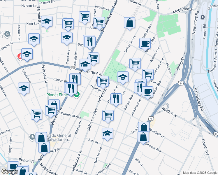 map of restaurants, bars, coffee shops, grocery stores, and more near 748 Jefferson Avenue in Elizabeth