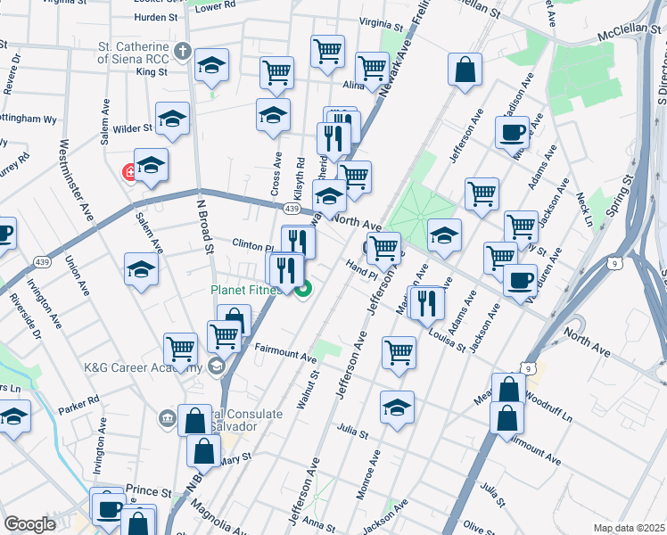 map of restaurants, bars, coffee shops, grocery stores, and more near 706 Pennsylvania Avenue in Elizabeth