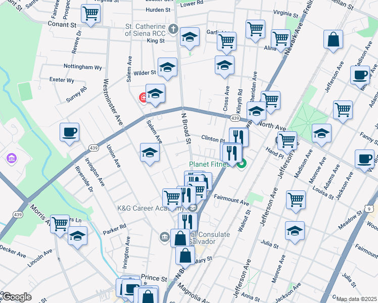 map of restaurants, bars, coffee shops, grocery stores, and more near 712 North Broad Street in Elizabeth