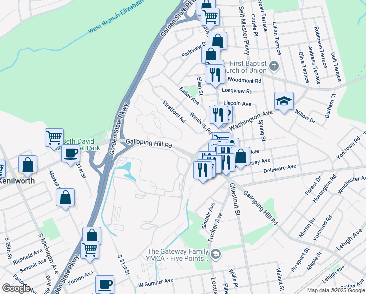 map of restaurants, bars, coffee shops, grocery stores, and more near 2097 Galloping Hill Road in Union