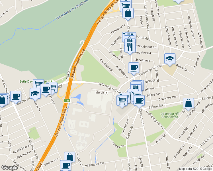 map of restaurants, bars, coffee shops, grocery stores, and more near 1050 Galloping Hill Road in Union