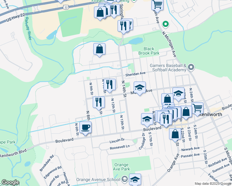 map of restaurants, bars, coffee shops, grocery stores, and more near 353 Halsey Street in Kenilworth
