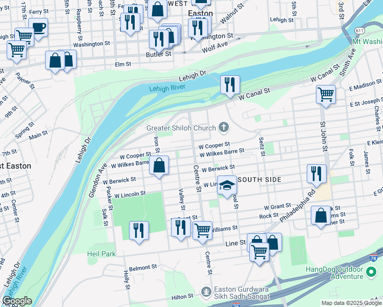 map of restaurants, bars, coffee shops, grocery stores, and more near 201 Canal Park in Easton