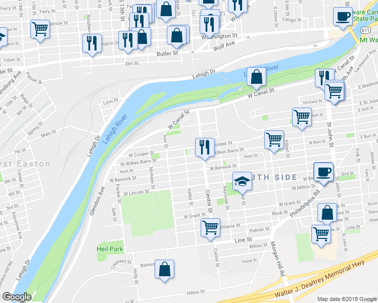 map of restaurants, bars, coffee shops, grocery stores, and more near 201 Canal Park in Easton