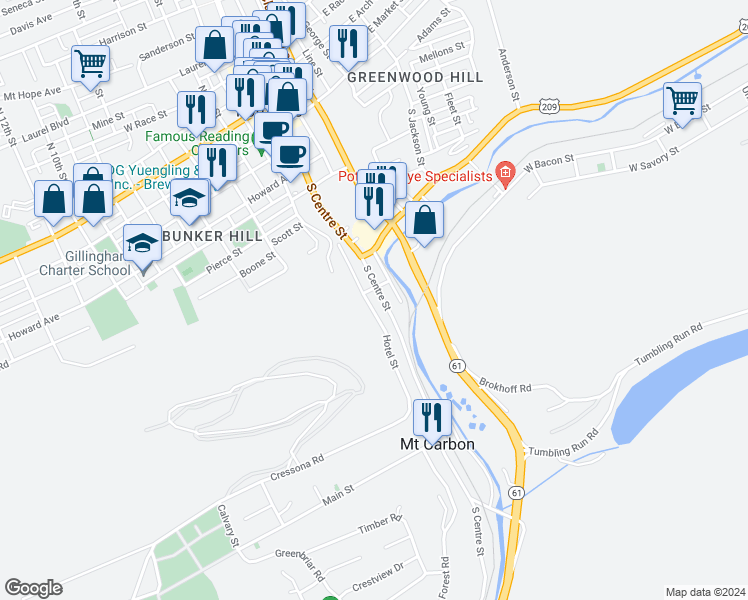 map of restaurants, bars, coffee shops, grocery stores, and more near 433 South Centre Street in Pottsville