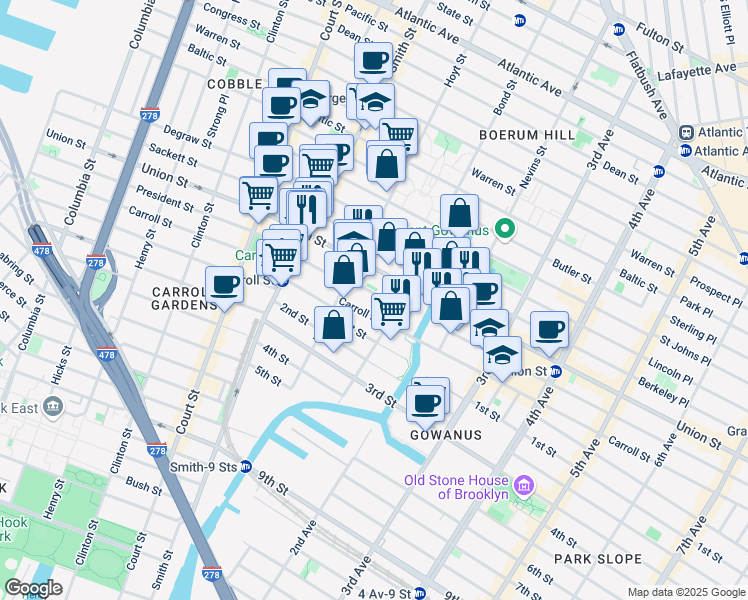 map of restaurants, bars, coffee shops, grocery stores, and more near 376 President Street in Brooklyn
