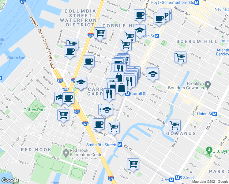 map of restaurants, bars, coffee shops, grocery stores, and more near Court St & 2nd Pl in Brooklyn