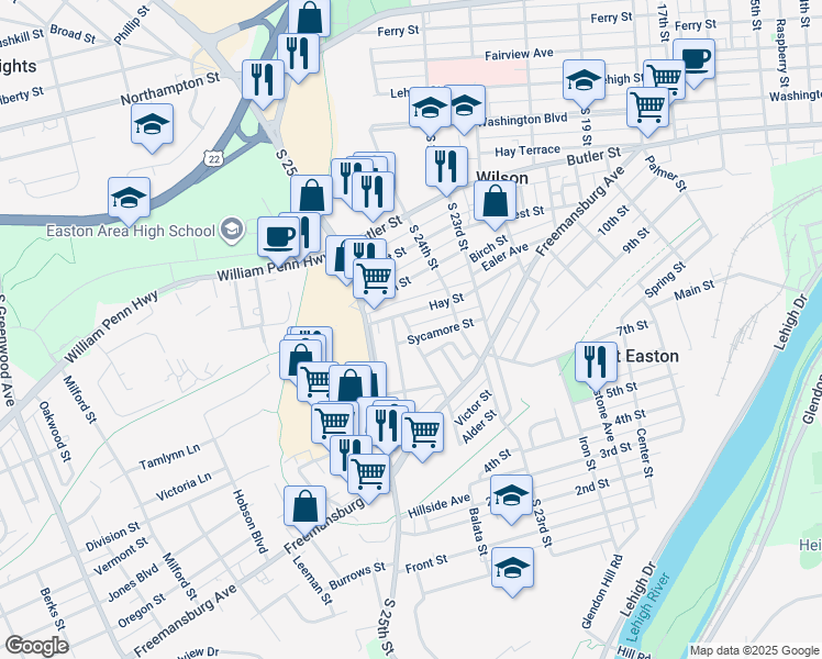 map of restaurants, bars, coffee shops, grocery stores, and more near 2447 Sycamore Street in Easton