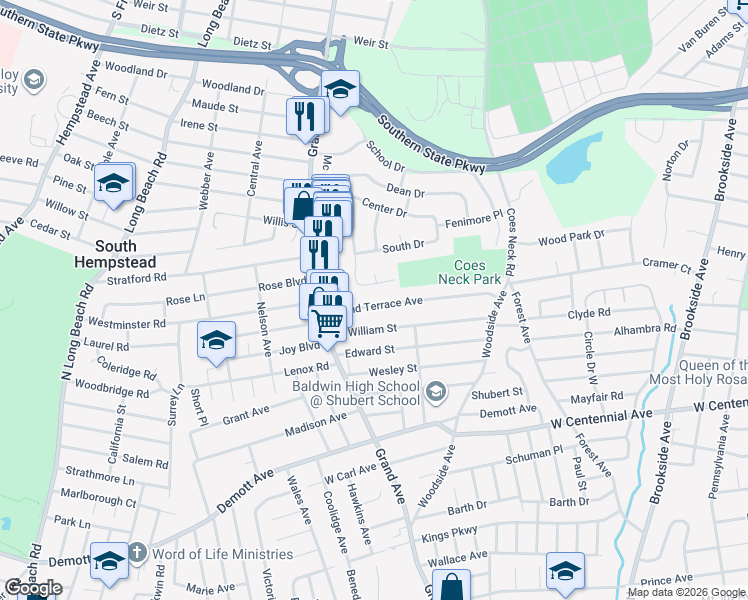 map of restaurants, bars, coffee shops, grocery stores, and more near 1266 Village Avenue in Baldwin