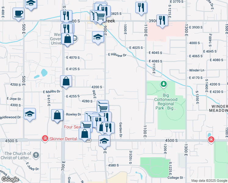 map of restaurants, bars, coffee shops, grocery stores, and more near 958 East Montana Vista Lane in Millcreek