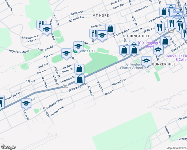 map of restaurants, bars, coffee shops, grocery stores, and more near 1503 West Market Street in Pottsville