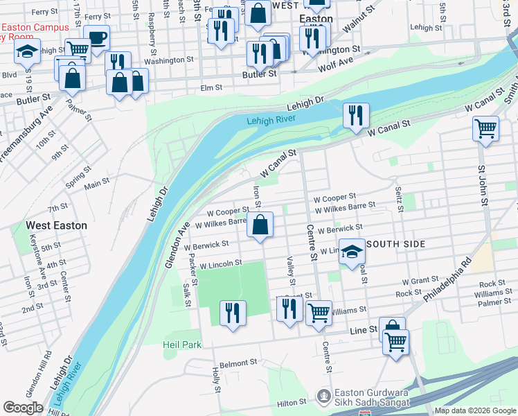 map of restaurants, bars, coffee shops, grocery stores, and more near 350 Iron Street in Easton