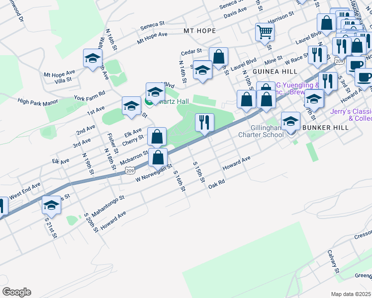 map of restaurants, bars, coffee shops, grocery stores, and more near 1503 West Market Street in Pottsville