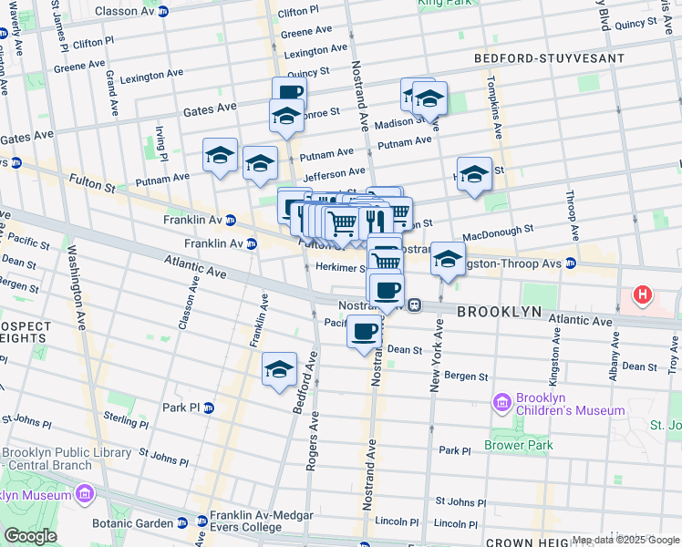 map of restaurants, bars, coffee shops, grocery stores, and more near 53 Herkimer Street in Brooklyn