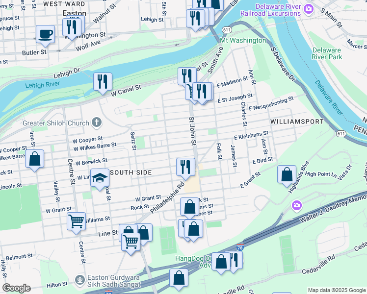 map of restaurants, bars, coffee shops, grocery stores, and more near 247 West Kleinhans Street in Easton