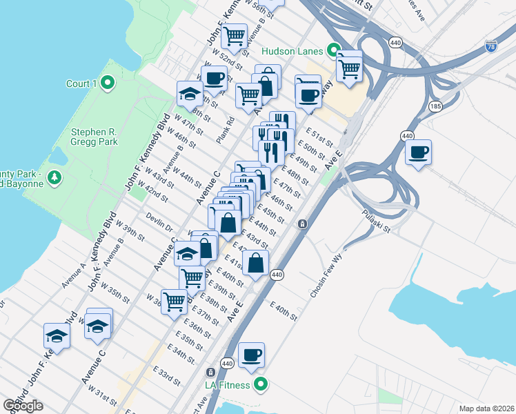 map of restaurants, bars, coffee shops, grocery stores, and more near 950 Broadway in Bayonne