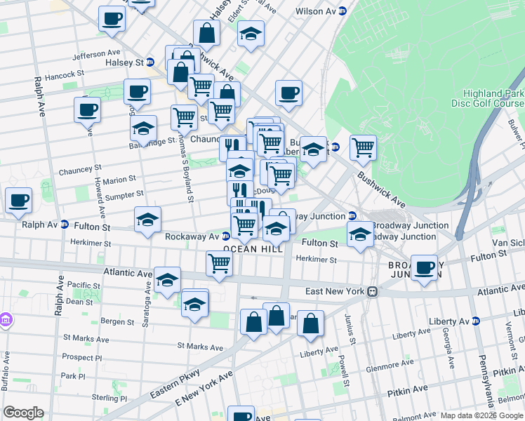 map of restaurants, bars, coffee shops, grocery stores, and more near 156 Hull Street in Brooklyn