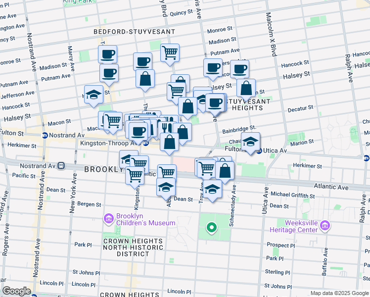 map of restaurants, bars, coffee shops, grocery stores, and more near 1583 Fulton Street in Brooklyn