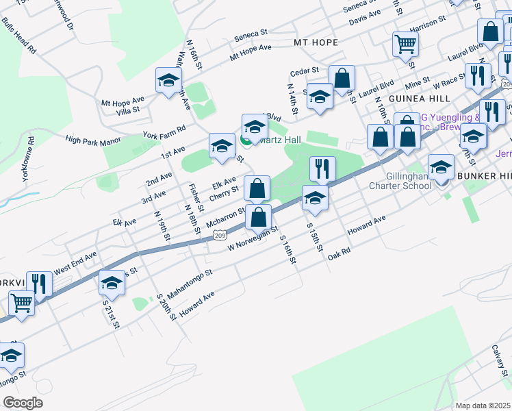 map of restaurants, bars, coffee shops, grocery stores, and more near 1609 West End Avenue in Pottsville