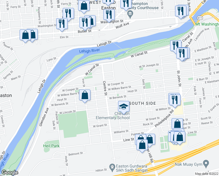 map of restaurants, bars, coffee shops, grocery stores, and more near 627 West Wilkes Barre Street in Easton