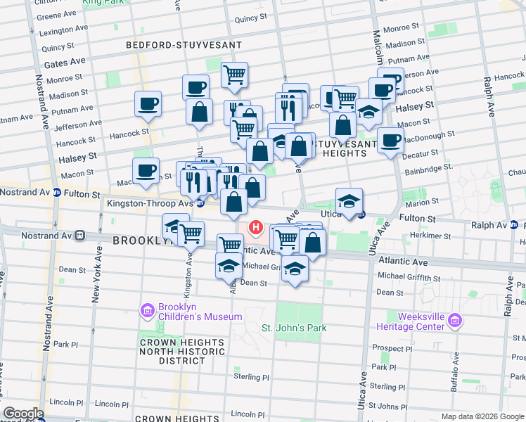 map of restaurants, bars, coffee shops, grocery stores, and more near 1625 Fulton Street in Brooklyn