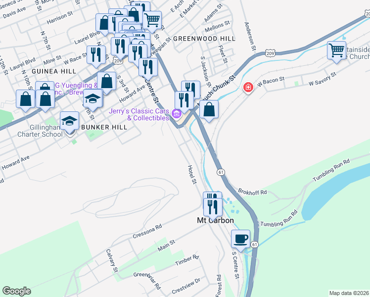 map of restaurants, bars, coffee shops, grocery stores, and more near 433 South Centre Street in Pottsville