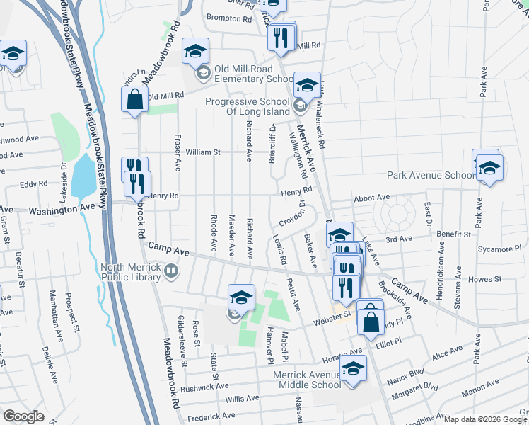 map of restaurants, bars, coffee shops, grocery stores, and more near 56 Richard Avenue in Merrick