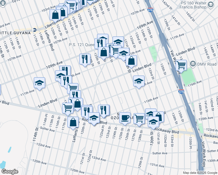 map of restaurants, bars, coffee shops, grocery stores, and more near 114-98 125th Street in Queens