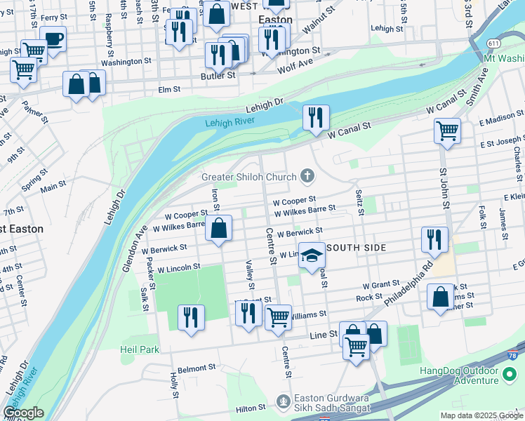 map of restaurants, bars, coffee shops, grocery stores, and more near 201 Canal Park in Easton