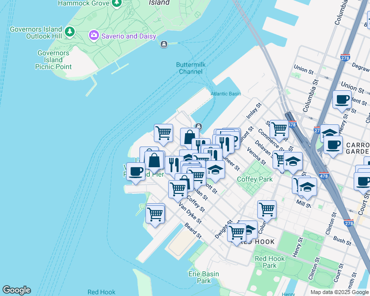 map of restaurants, bars, coffee shops, grocery stores, and more near 2341 Ferris Street in Brooklyn