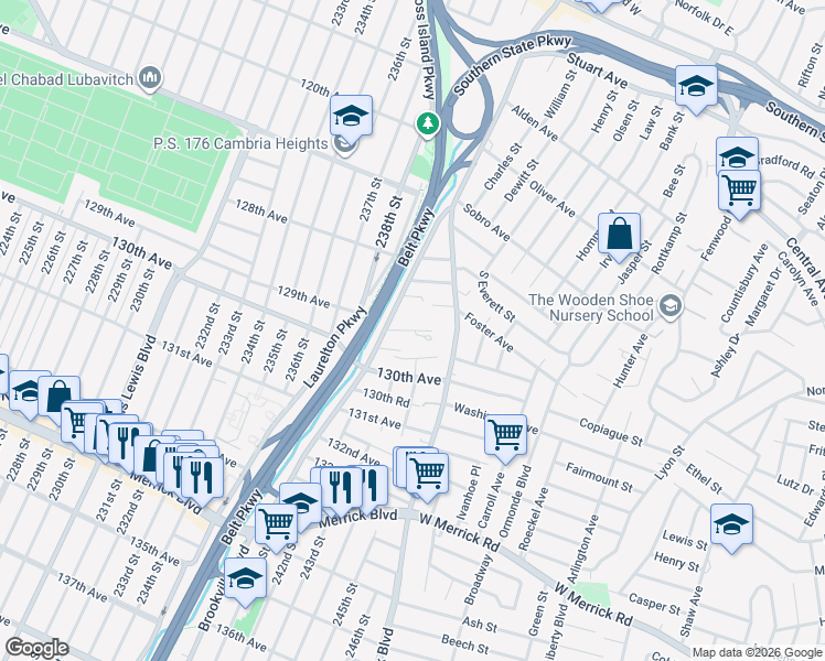 map of restaurants, bars, coffee shops, grocery stores, and more near 128-69 Brookville Boulevard in Queens