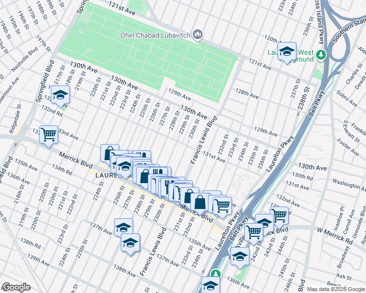 map of restaurants, bars, coffee shops, grocery stores, and more near 130-64 230th Street in Queens