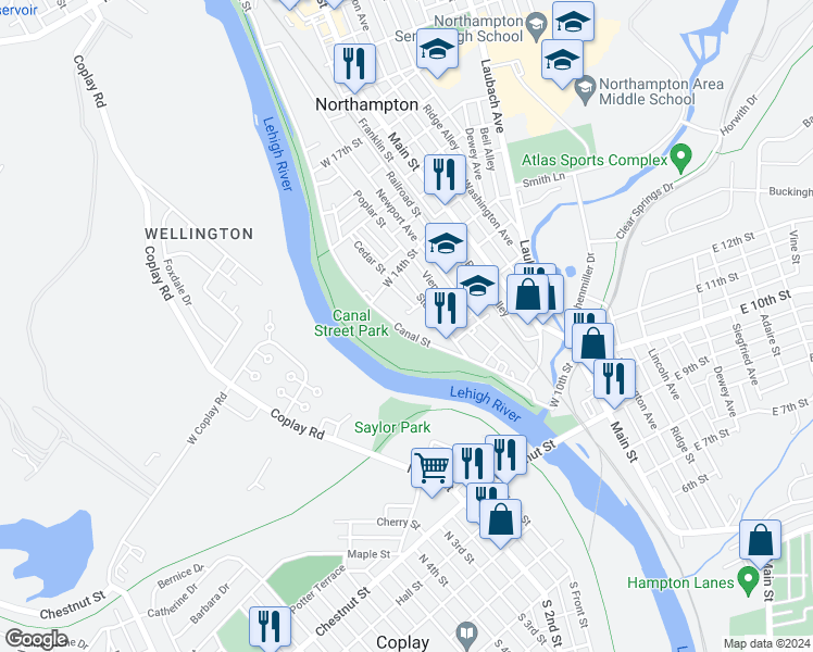 map of restaurants, bars, coffee shops, grocery stores, and more near 1357 Canal Street in Northampton