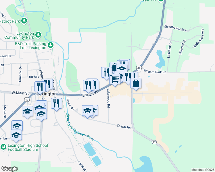 map of restaurants, bars, coffee shops, grocery stores, and more near 1 Lakewood Road in Lexington