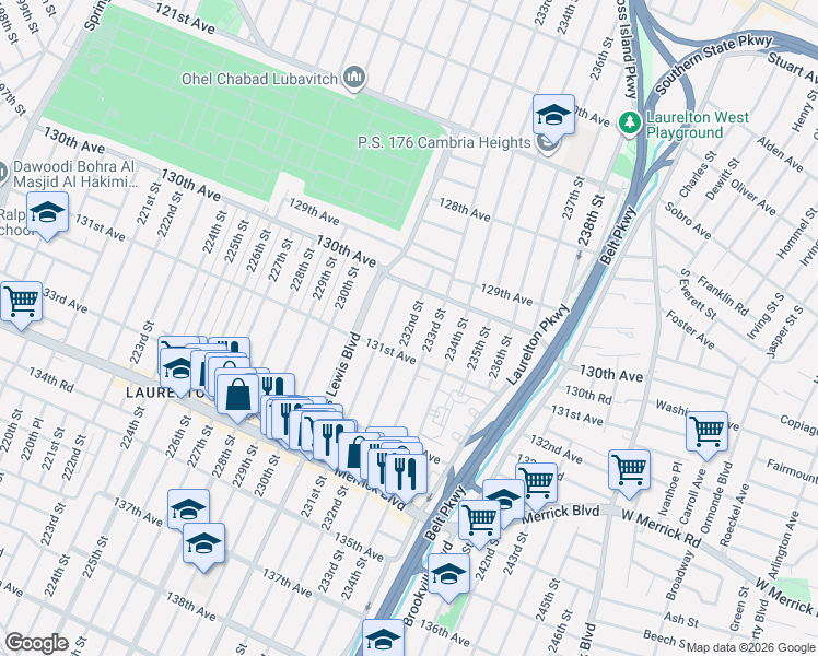 map of restaurants, bars, coffee shops, grocery stores, and more near 130-26 232nd Street in Queens