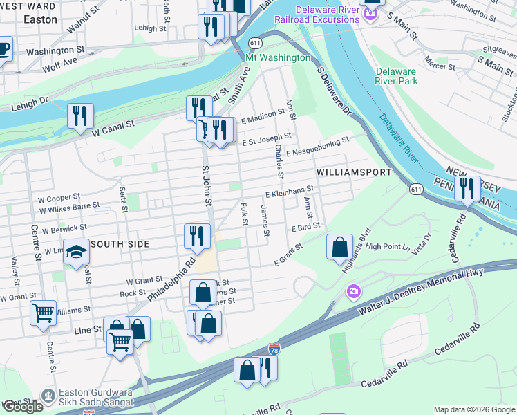 map of restaurants, bars, coffee shops, grocery stores, and more near 111 East Kleinhans Street in Easton