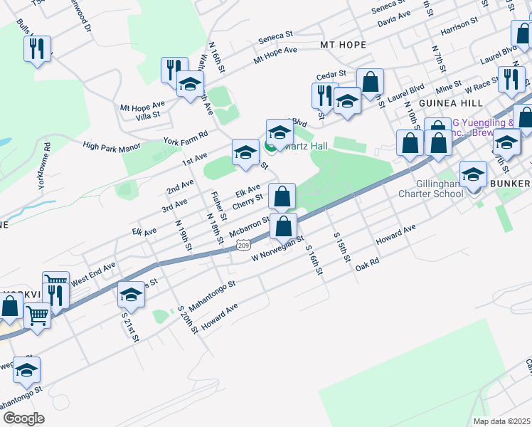 map of restaurants, bars, coffee shops, grocery stores, and more near 1621 West End Avenue in Pottsville