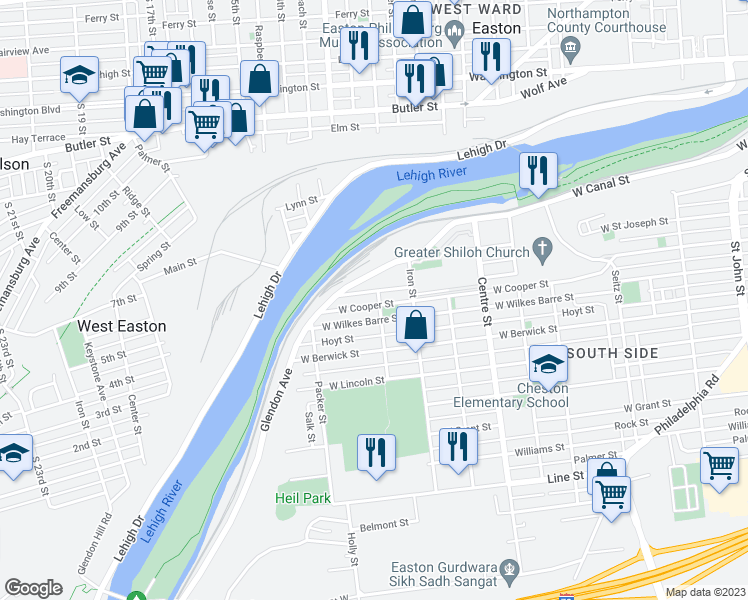 map of restaurants, bars, coffee shops, grocery stores, and more near 1014 Glendon Avenue in Easton