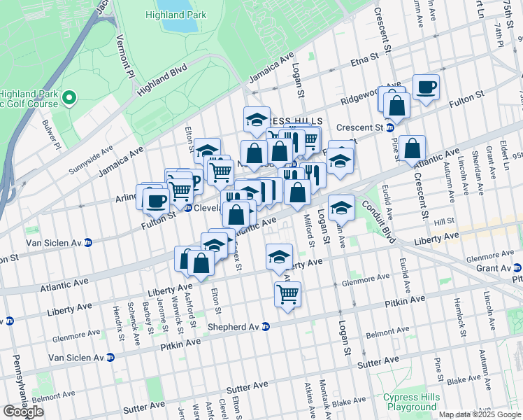 map of restaurants, bars, coffee shops, grocery stores, and more near 212 Highland Place in Brooklyn