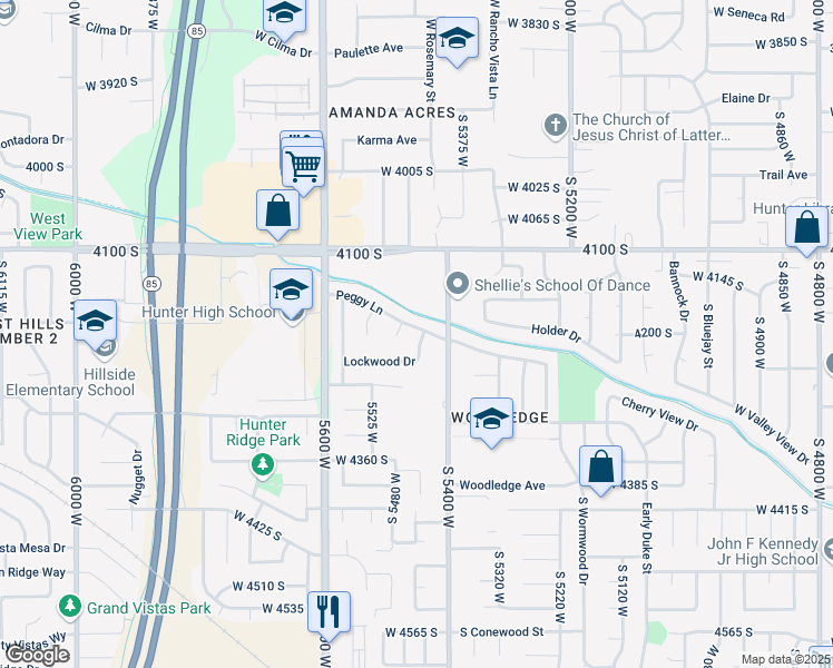 map of restaurants, bars, coffee shops, grocery stores, and more near 5455 Peggy Lane in West Valley City
