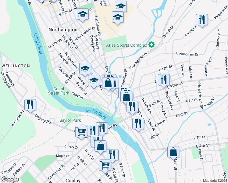 map of restaurants, bars, coffee shops, grocery stores, and more near 1059 Main Street in Northampton
