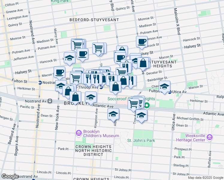 map of restaurants, bars, coffee shops, grocery stores, and more near 1545 Fulton Street in Brooklyn